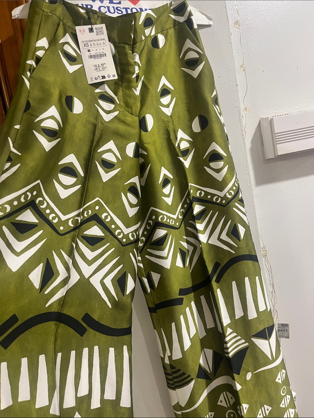Zara Olive Green & White Patterned Cropped Pants